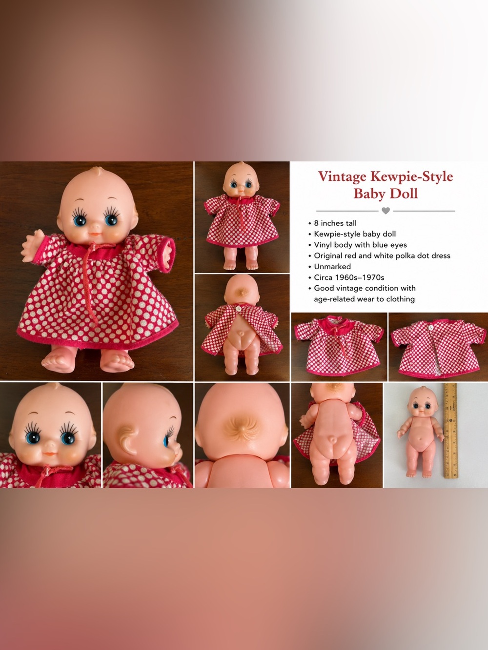Vintage Kewpie- Baby Doll in Pink Polka Dot Dress